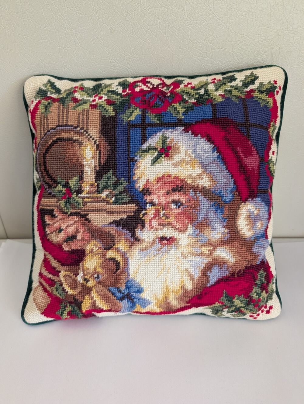 Vintage Christmas Santa and Toys Needlepoint Pillow Multicolor Green Velvet Wool